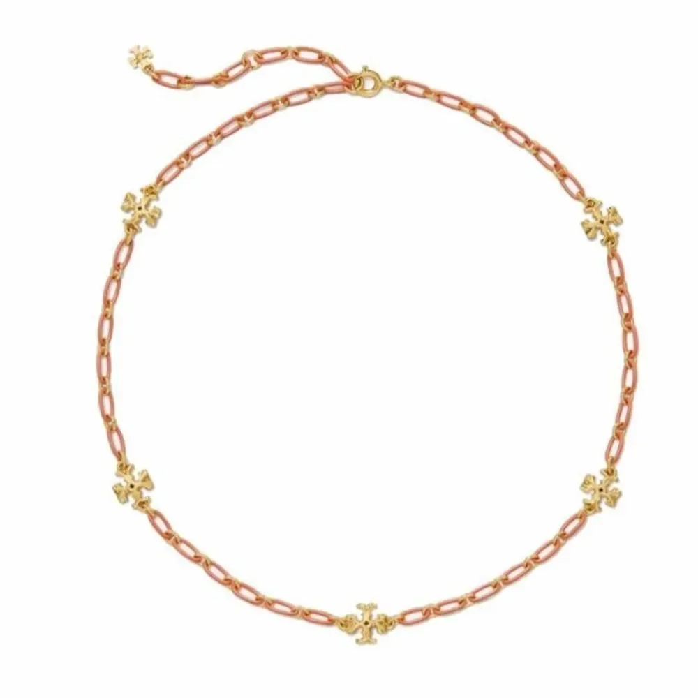 Tory Burch Rose Gold Chain Necklace with Gold Logo Accents